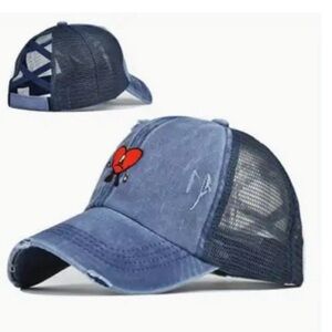 Blue heart ripped distressed ponytail baseball cap